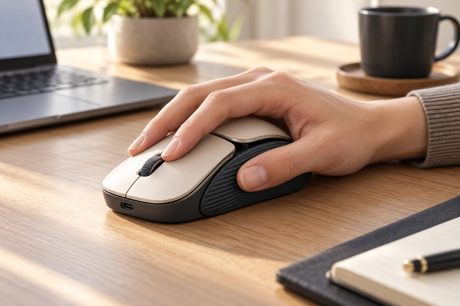 A hand using the Palmform concept mouse on a desk