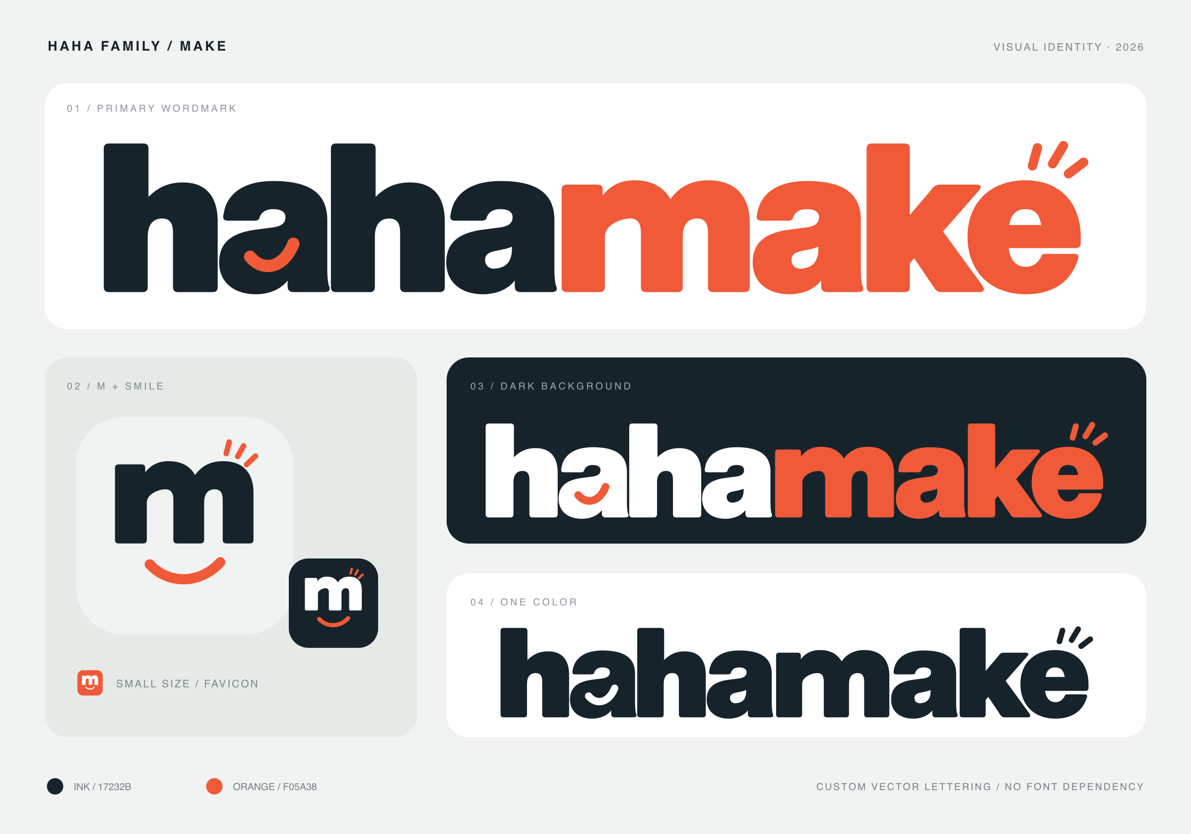 hahamake wordmark, smiling m icon, dark-background and monochrome design preview