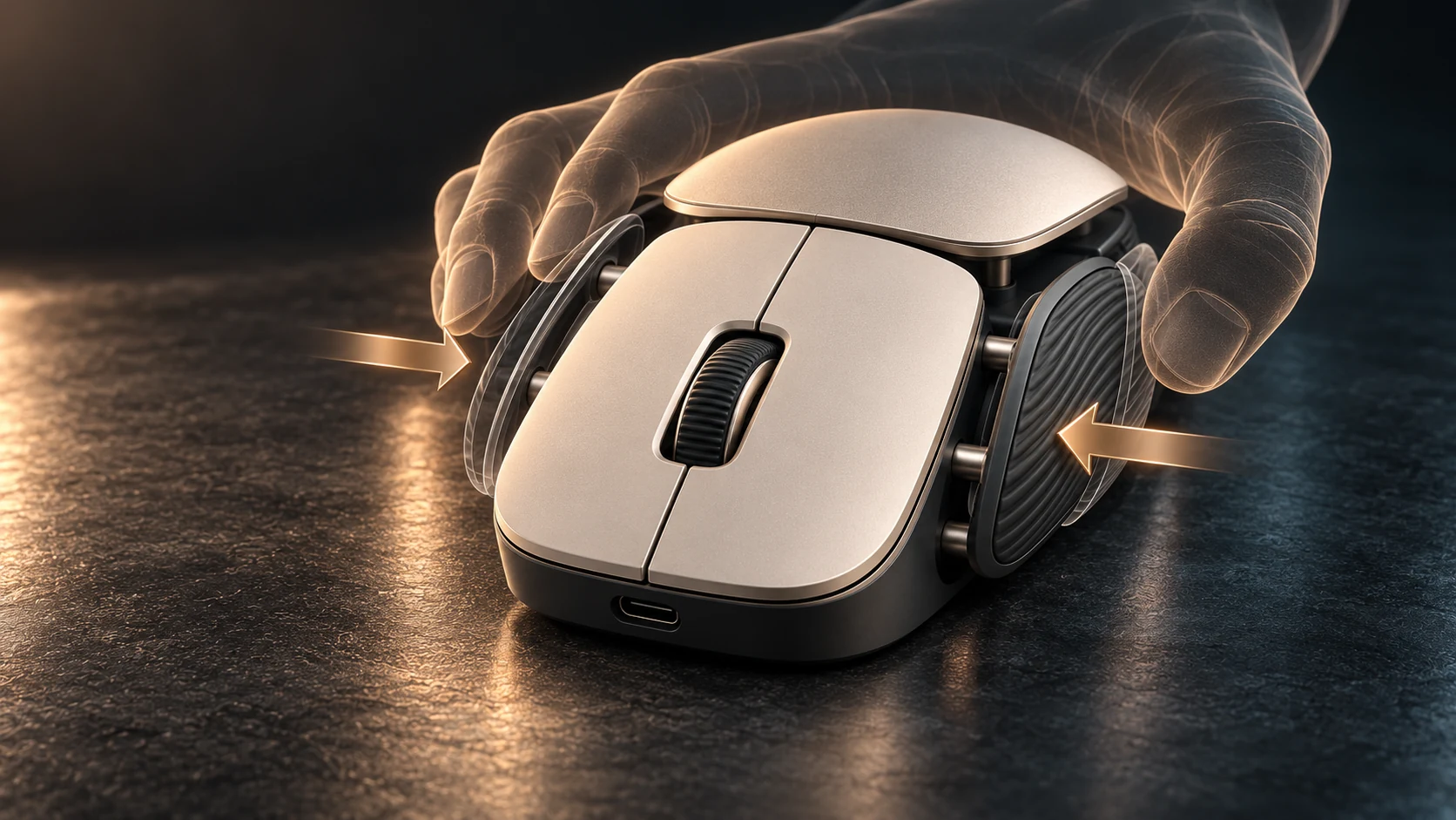 A translucent hand squeezing the Palmform side grips, with arrows and outlines marking independent sideways travel