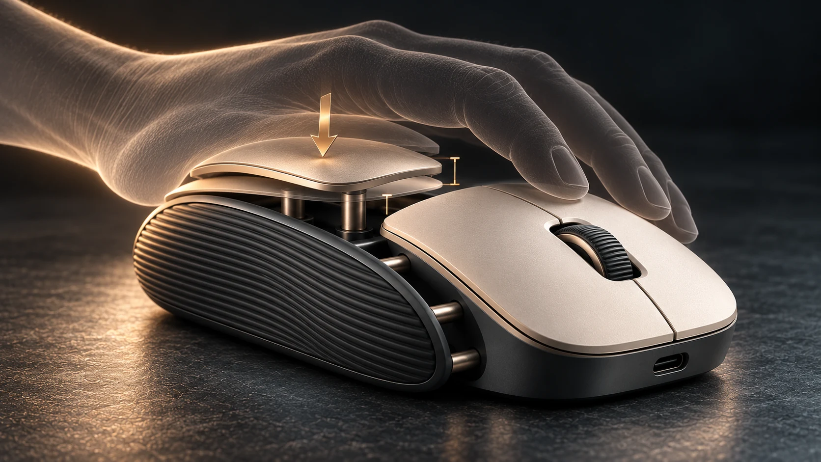 A translucent palm pressing the independent rear palm rest, with vertical arrows and outlines marking its travel